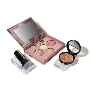 LAURA GELLER NEW YORK Baked Starter Kit: Baked Balance-n-Brighten Powder Foundation, Deep and Best of the Best Palette Blush Bronzer Highlighter Eyeshadow and Retractable Kabuki Brush