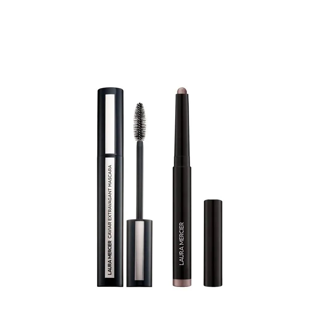 Laura Mercier Caviar Stick Cream Eyeshadow: Shimmer Finish, 24HR Wear, Long Lasting, Rich Color, Easily Blendable and Buildable, Waterproof, Smoky Quartz   Caviar Extravagant Mascara Bundle