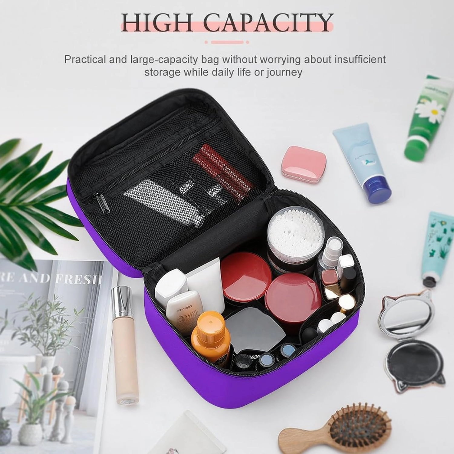 Leather Cosmetic Case, Blue Violet Portable Makeup Bag Organizer Large Capacity Travel Toiletry Bag with Zipper