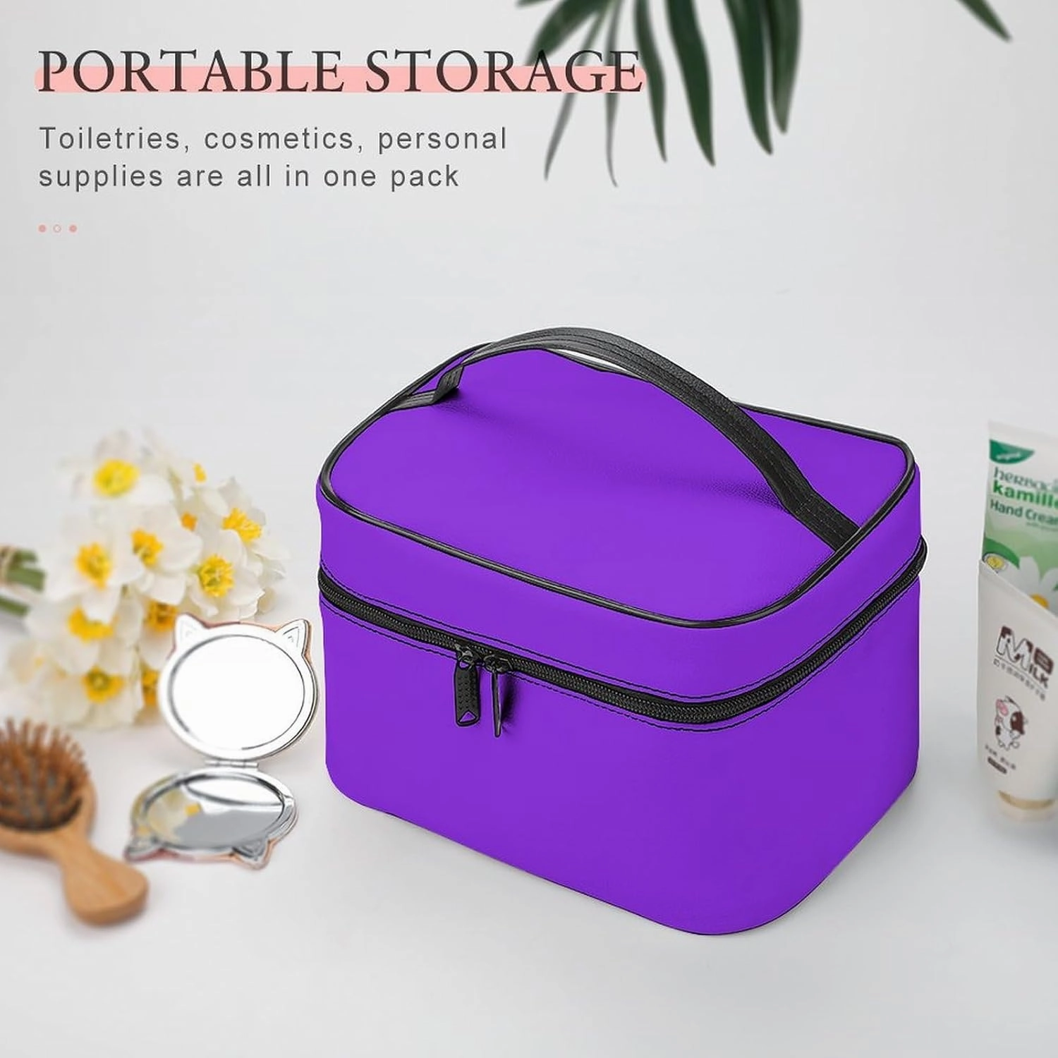 Leather Cosmetic Case, Blue Violet Portable Makeup Bag Organizer Large Capacity Travel Toiletry Bag with Zipper