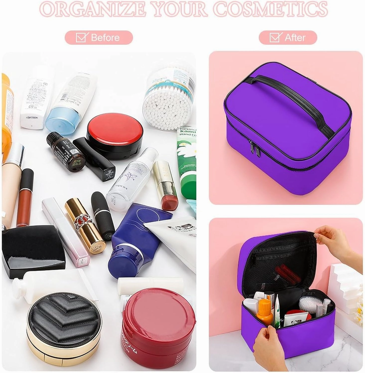 Leather Cosmetic Case, Blue Violet Portable Makeup Bag Organizer Large Capacity Travel Toiletry Bag with Zipper