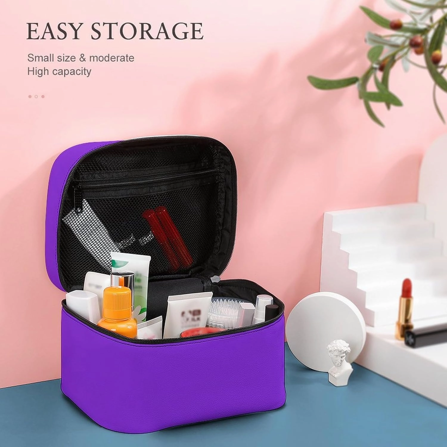Leather Cosmetic Case, Blue Violet Portable Makeup Bag Organizer Large Capacity Travel Toiletry Bag with Zipper