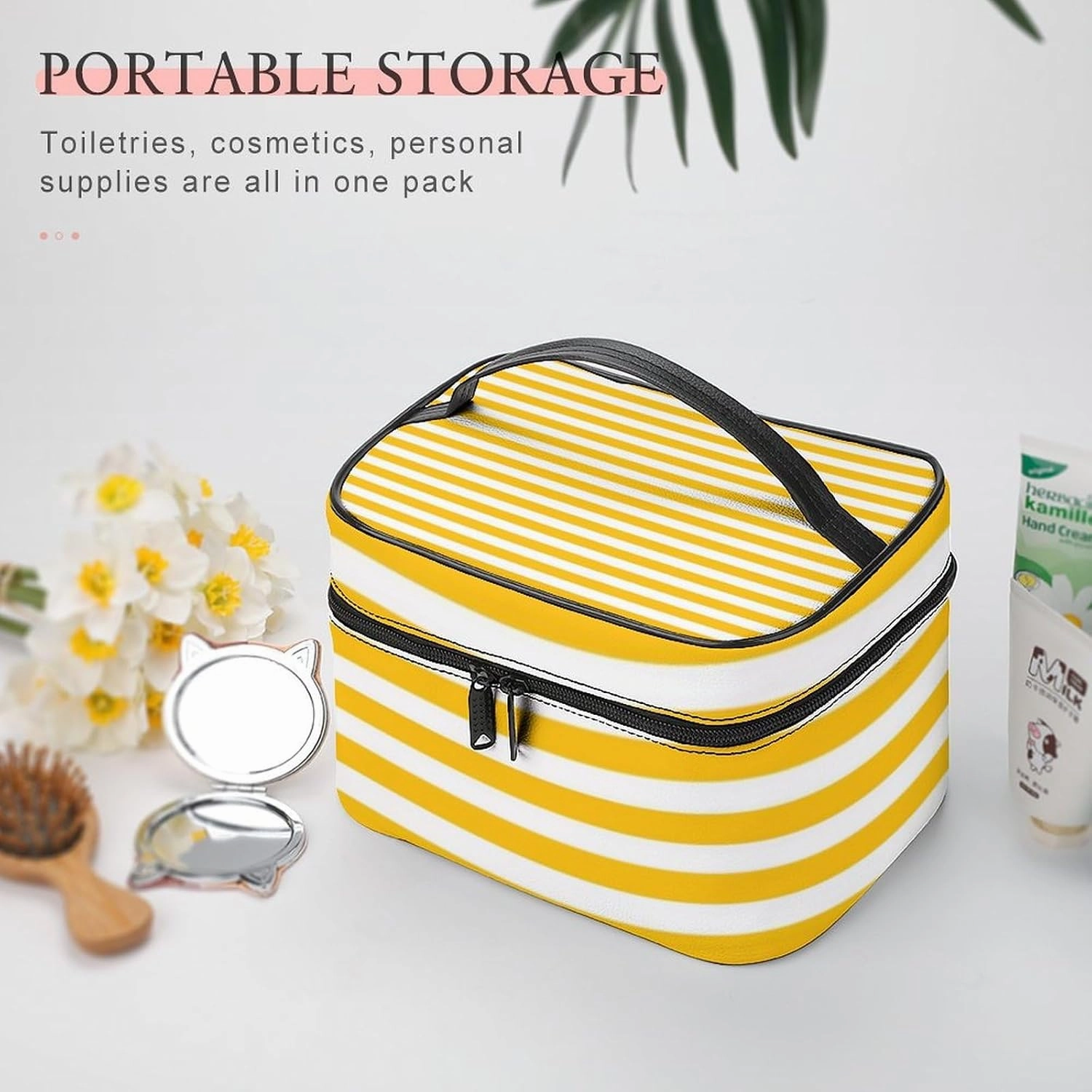 Leather Cosmetic Case, Classic Bright Sunny Yellow Orange & White Striped Portable Makeup Bag Organizer Large Capacity Travel Toiletry Bag with Zipper