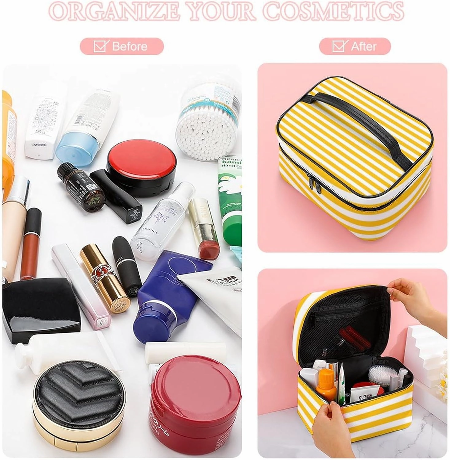 Leather Cosmetic Case, Classic Bright Sunny Yellow Orange & White Striped Portable Makeup Bag Organizer Large Capacity Travel Toiletry Bag with Zipper
