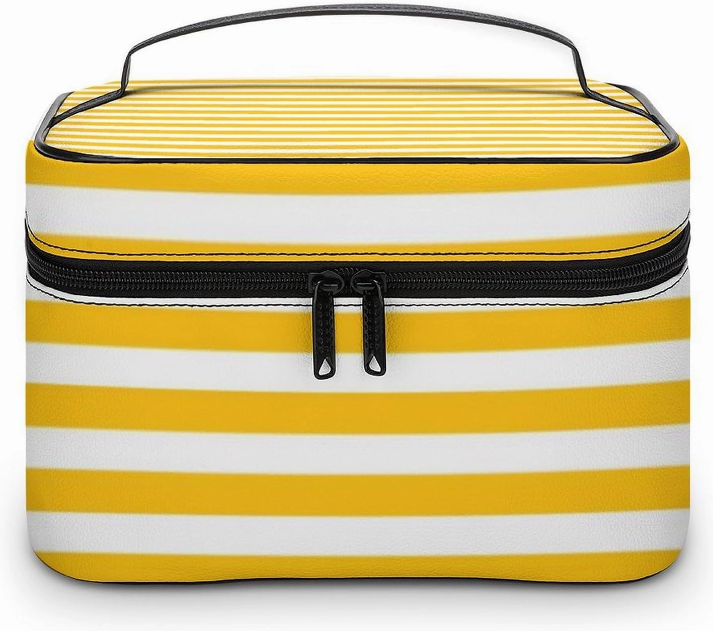 Leather Cosmetic Case, Classic Bright Sunny Yellow Orange & White Striped Portable Makeup Bag Organizer Large Capacity Travel Toiletry Bag with Zipper