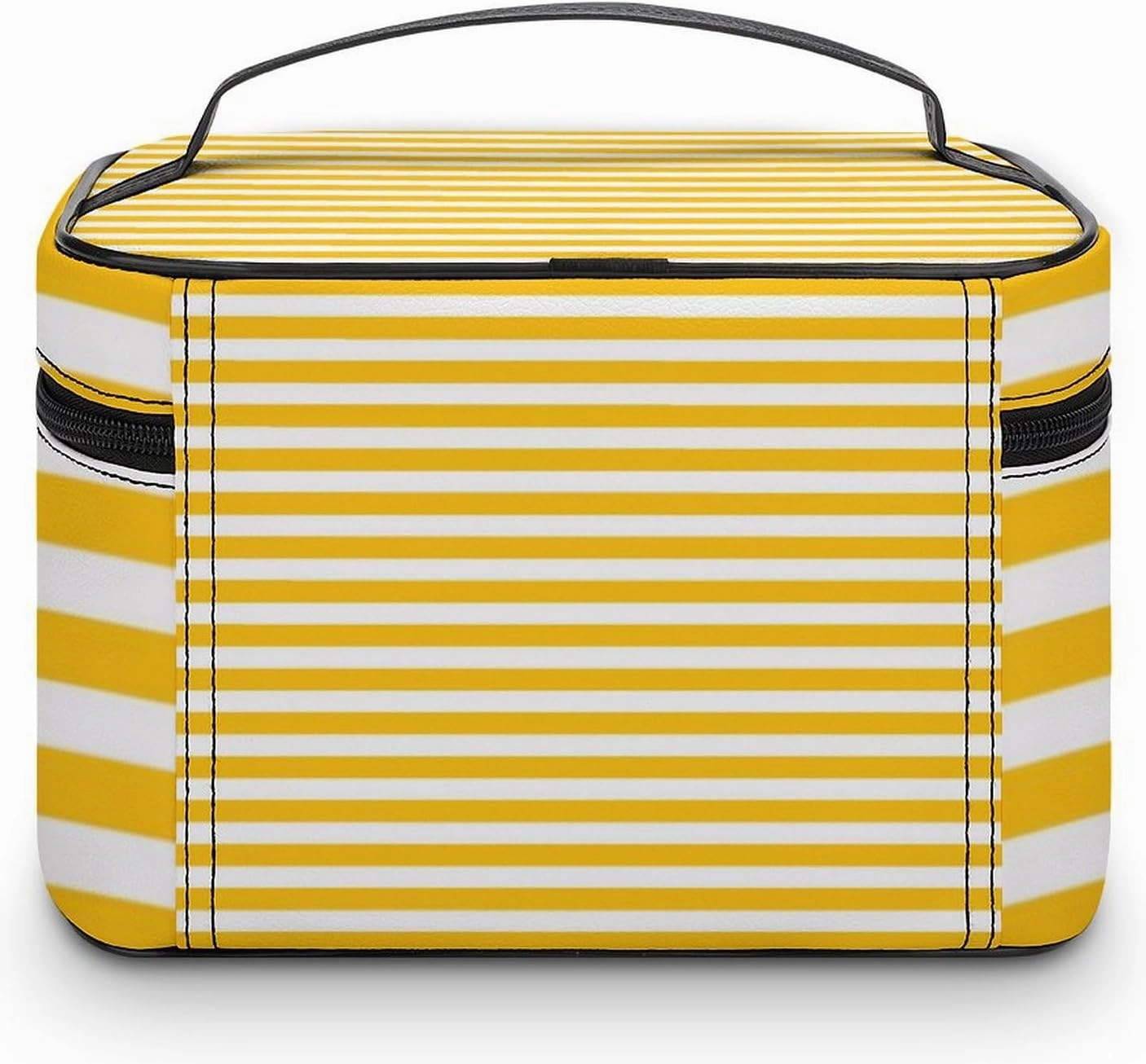Leather Cosmetic Case, Classic Bright Sunny Yellow Orange & White Striped Portable Makeup Bag Organizer Large Capacity Travel Toiletry Bag with Zipper