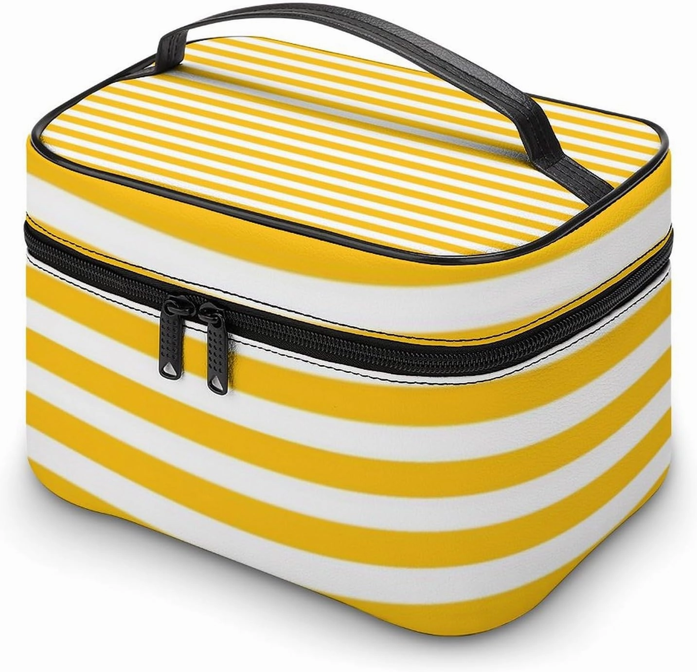 Leather Cosmetic Case, Classic Bright Sunny Yellow Orange & White Striped Portable Makeup Bag Organizer Large Capacity Travel Toiletry Bag with Zipper