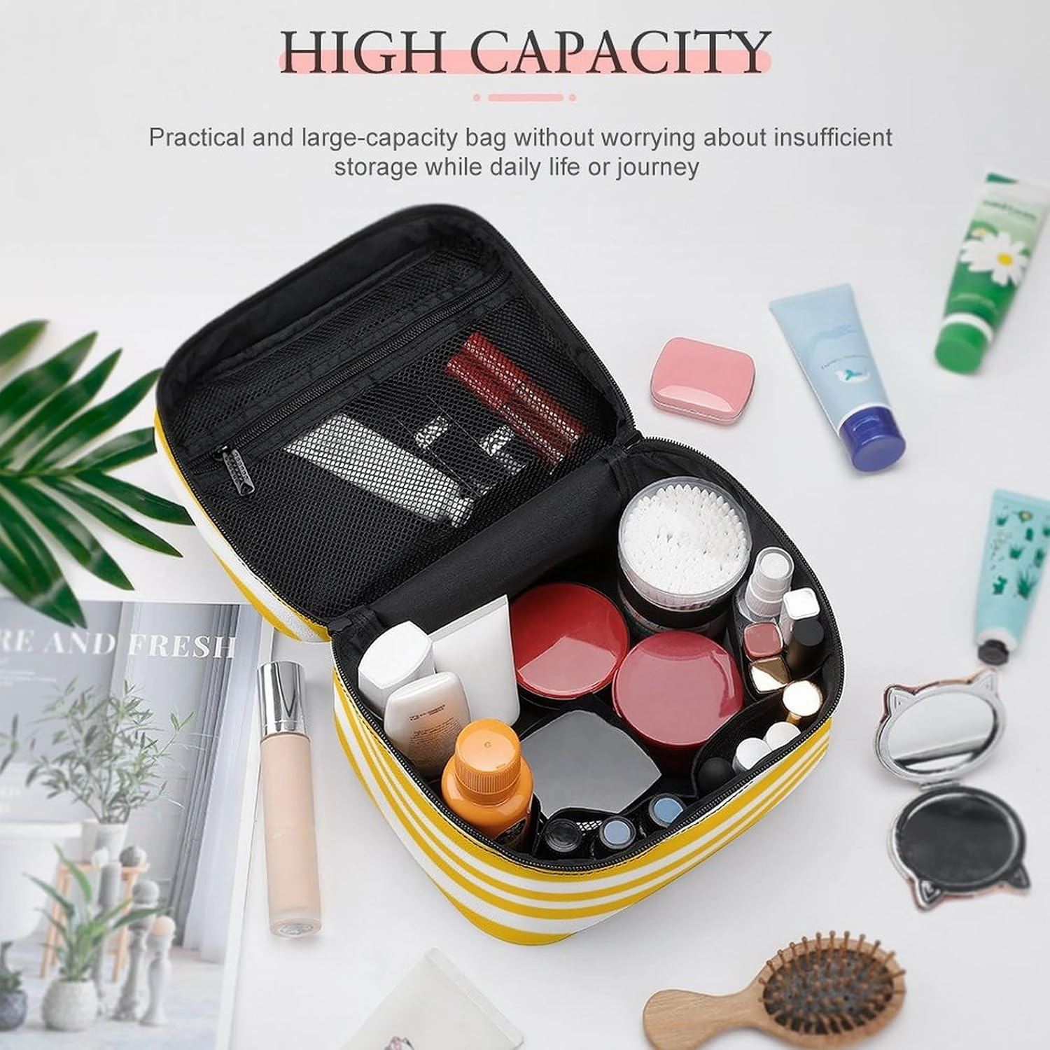 Leather Cosmetic Case, Classic Bright Sunny Yellow Orange & White Striped Portable Makeup Bag Organizer Large Capacity Travel Toiletry Bag with Zipper
