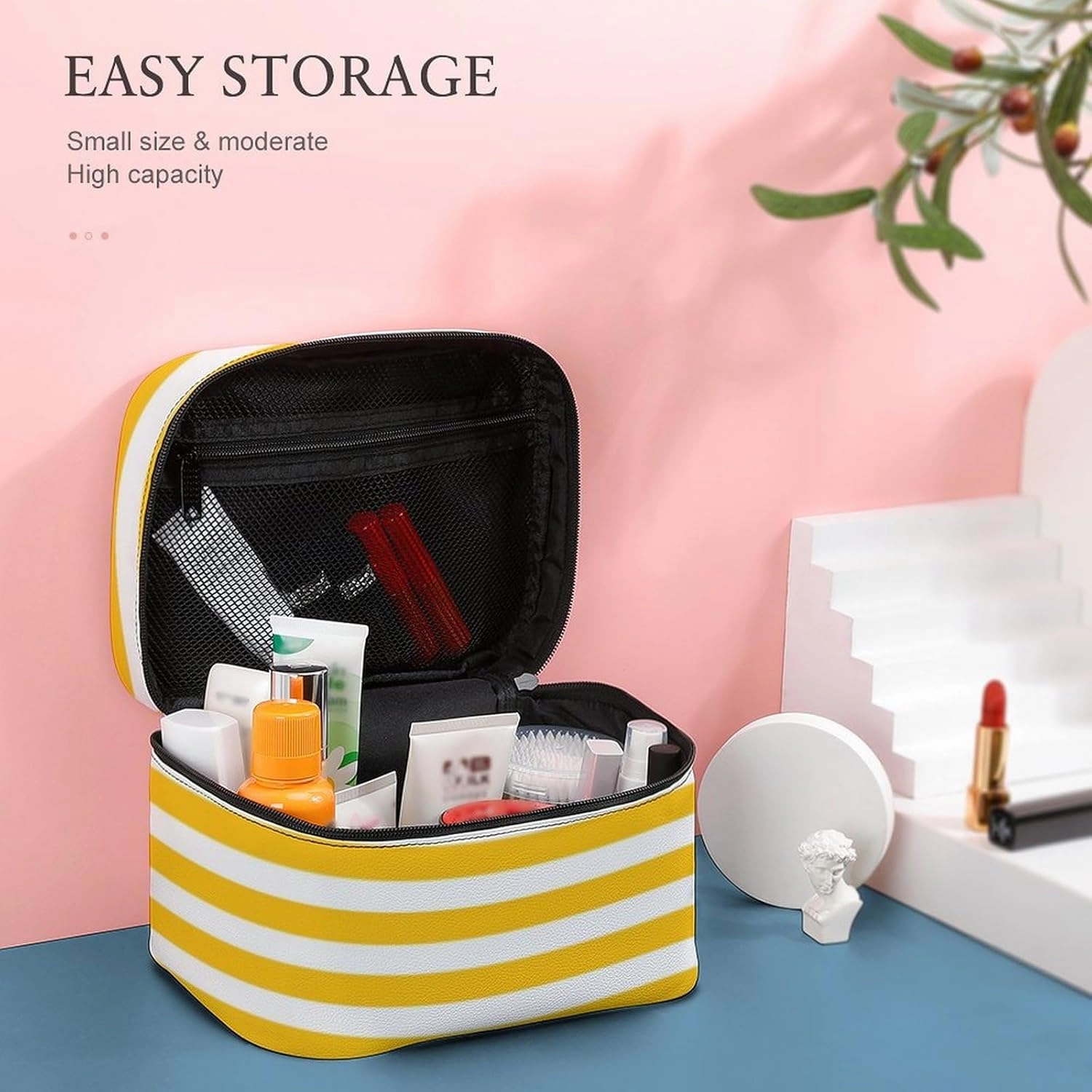 Leather Cosmetic Case, Classic Bright Sunny Yellow Orange & White Striped Portable Makeup Bag Organizer Large Capacity Travel Toiletry Bag with Zipper