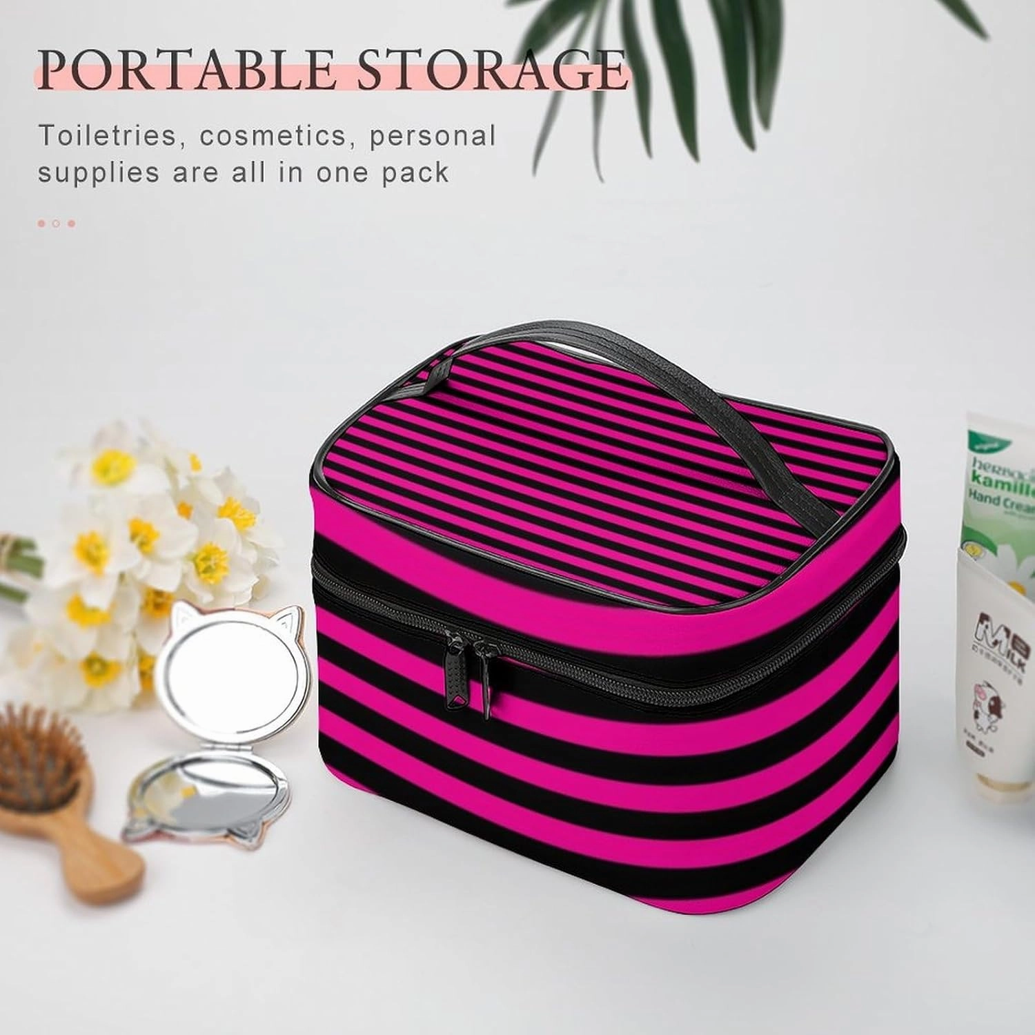 Leather Cosmetic Case, Classic Modern Black and Hot Pink Magenta Striped Portable Makeup Bag Organizer Large Capacity Travel Toiletry Bag with Zipper