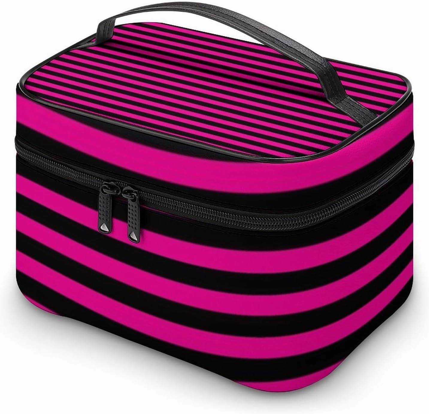 Leather Cosmetic Case, Classic Modern Black and Hot Pink Magenta Striped Portable Makeup Bag Organizer Large Capacity Travel Toiletry Bag with Zipper