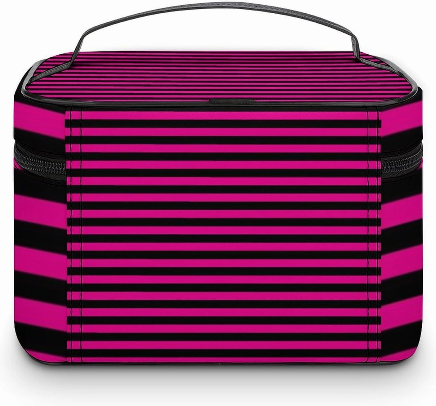 Leather Cosmetic Case, Classic Modern Black and Hot Pink Magenta Striped Portable Makeup Bag Organizer Large Capacity Travel Toiletry Bag with Zipper