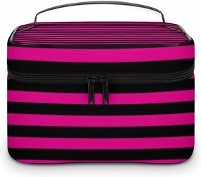 Leather Cosmetic Case, Classic Modern Black and Hot Pink Magenta Striped Portable Makeup Bag Organizer Large Capacity Travel Toiletry Bag with Zipper