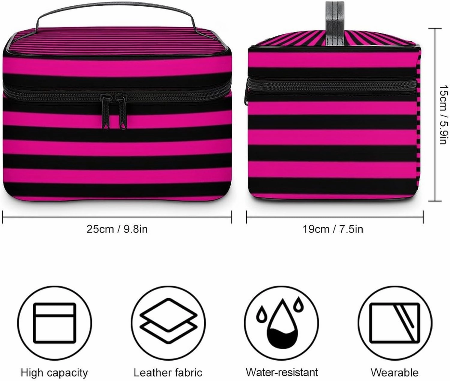 Leather Cosmetic Case, Classic Modern Black and Hot Pink Magenta Striped Portable Makeup Bag Organizer Large Capacity Travel Toiletry Bag with Zipper