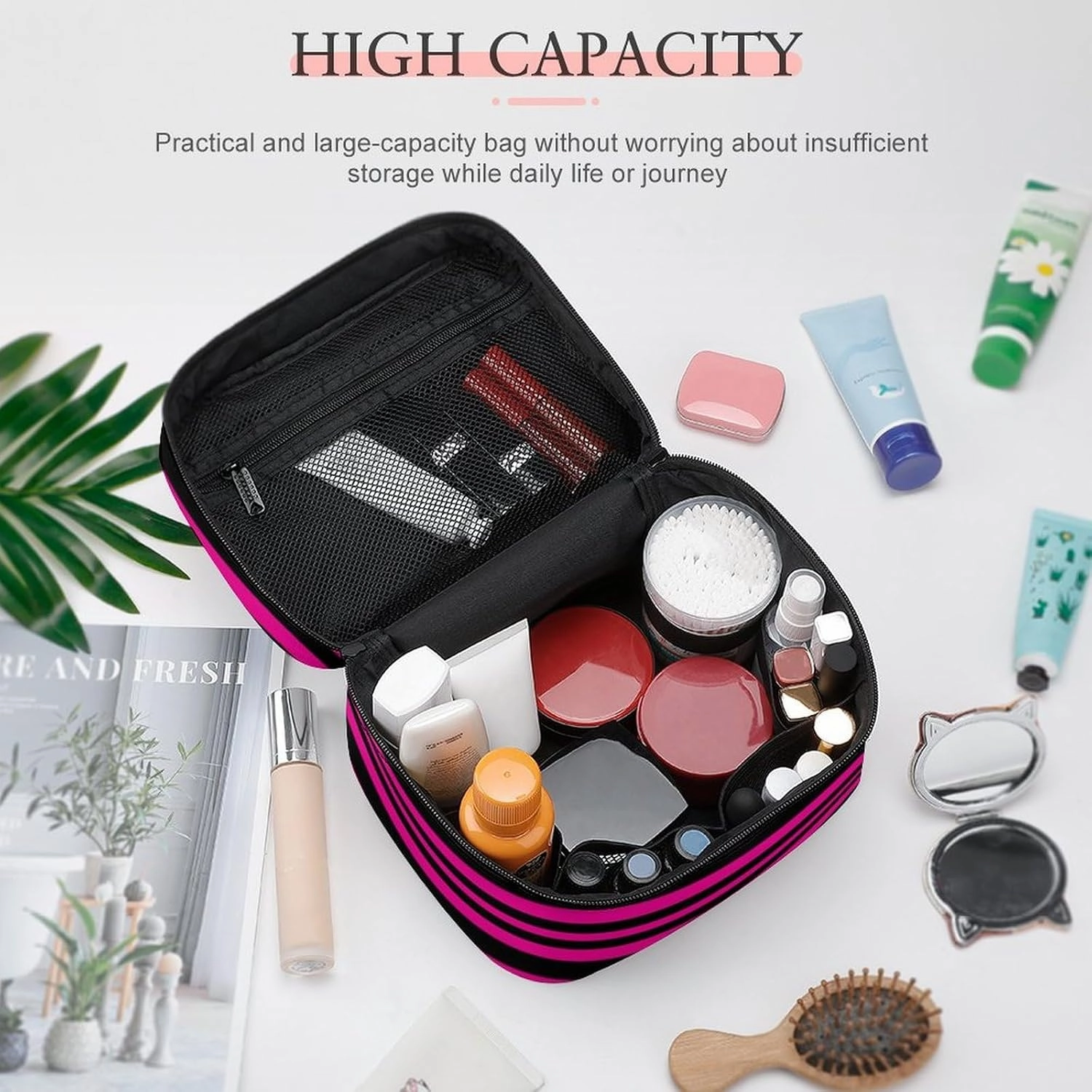 Leather Cosmetic Case, Classic Modern Black and Hot Pink Magenta Striped Portable Makeup Bag Organizer Large Capacity Travel Toiletry Bag with Zipper
