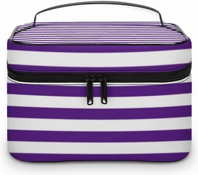 Leather Cosmetic Case, Classic Modern Dark Royal Purple and White Striped Portable Makeup Bag Organizer Large Capacity Travel Toiletry Bag with Zipper