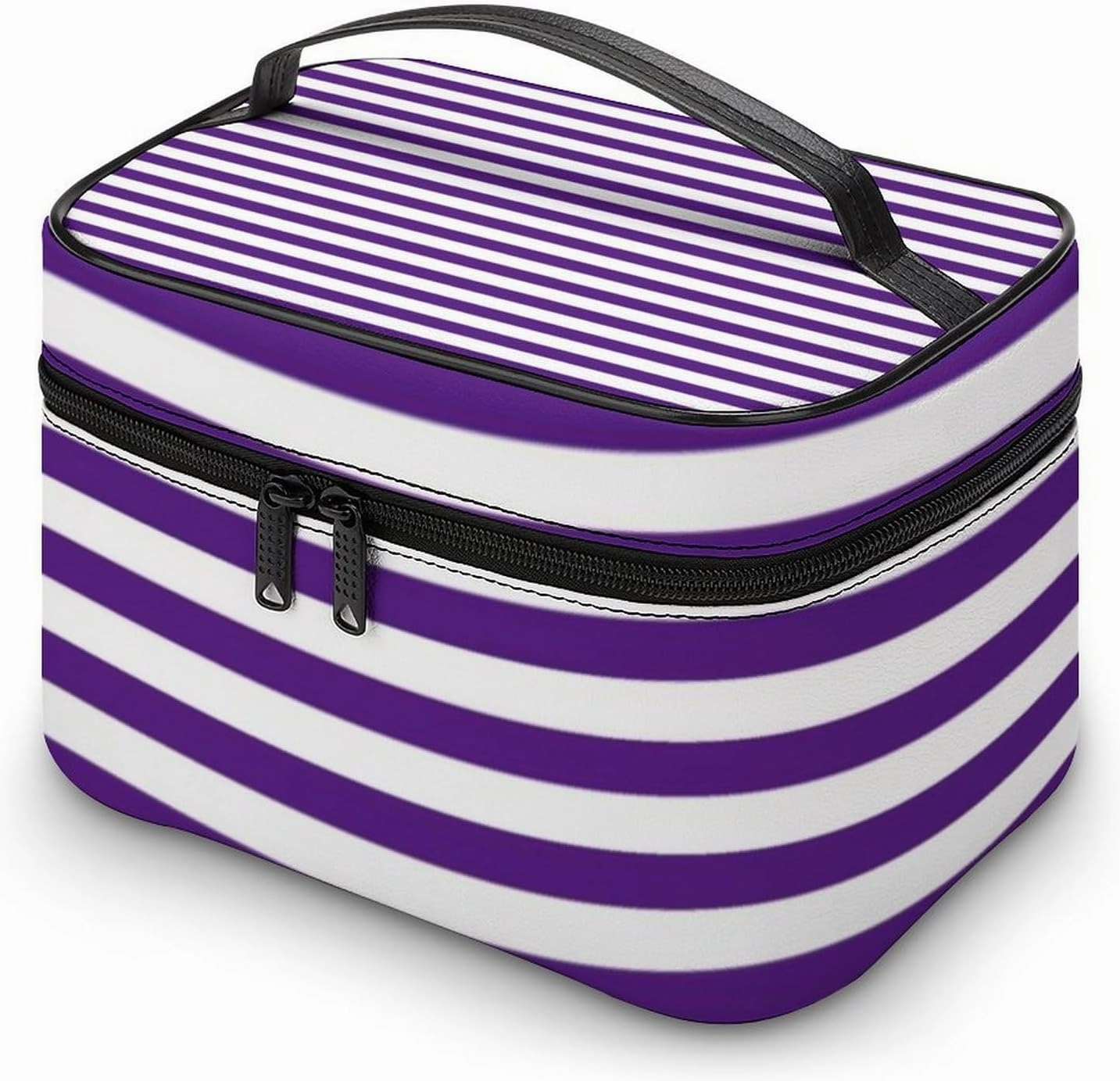 Leather Cosmetic Case, Classic Modern Dark Royal Purple and White Striped Portable Makeup Bag Organizer Large Capacity Travel Toiletry Bag with Zipper