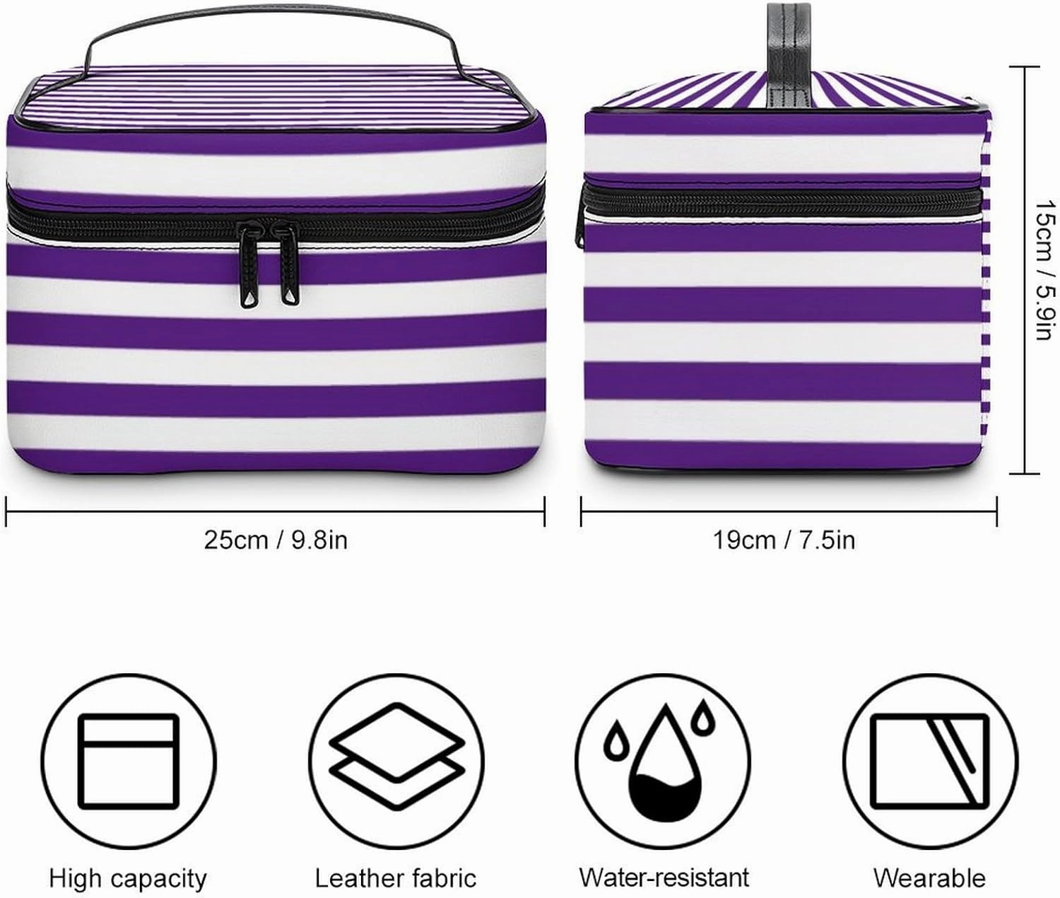 Leather Cosmetic Case, Classic Modern Dark Royal Purple and White Striped Portable Makeup Bag Organizer Large Capacity Travel Toiletry Bag with Zipper