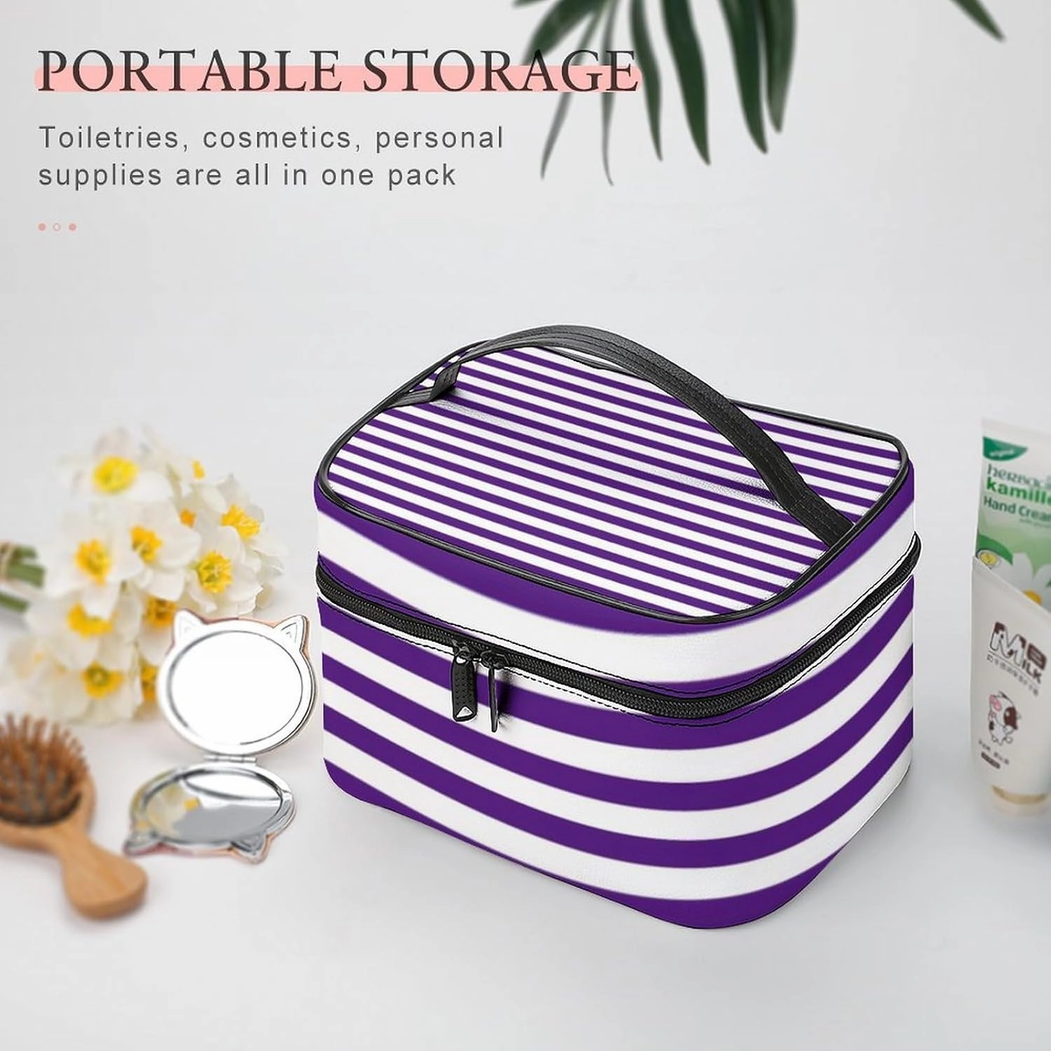 Leather Cosmetic Case, Classic Modern Dark Royal Purple and White Striped Portable Makeup Bag Organizer Large Capacity Travel Toiletry Bag with Zipper
