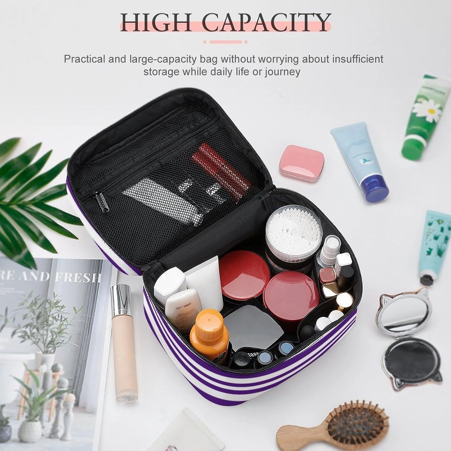 Leather Cosmetic Case, Classic Modern Dark Royal Purple and White Striped Portable Makeup Bag Organizer Large Capacity Travel Toiletry Bag with Zipper