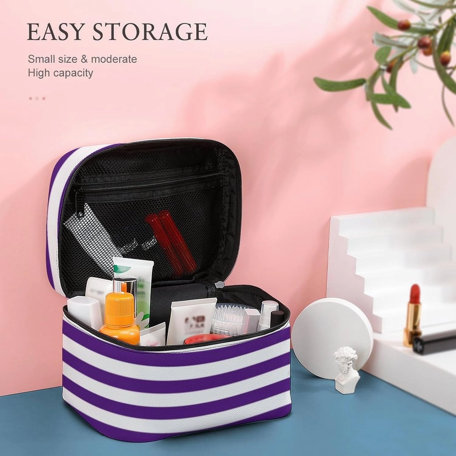 Leather Cosmetic Case, Classic Modern Dark Royal Purple and White Striped Portable Makeup Bag Organizer Large Capacity Travel Toiletry Bag with Zipper