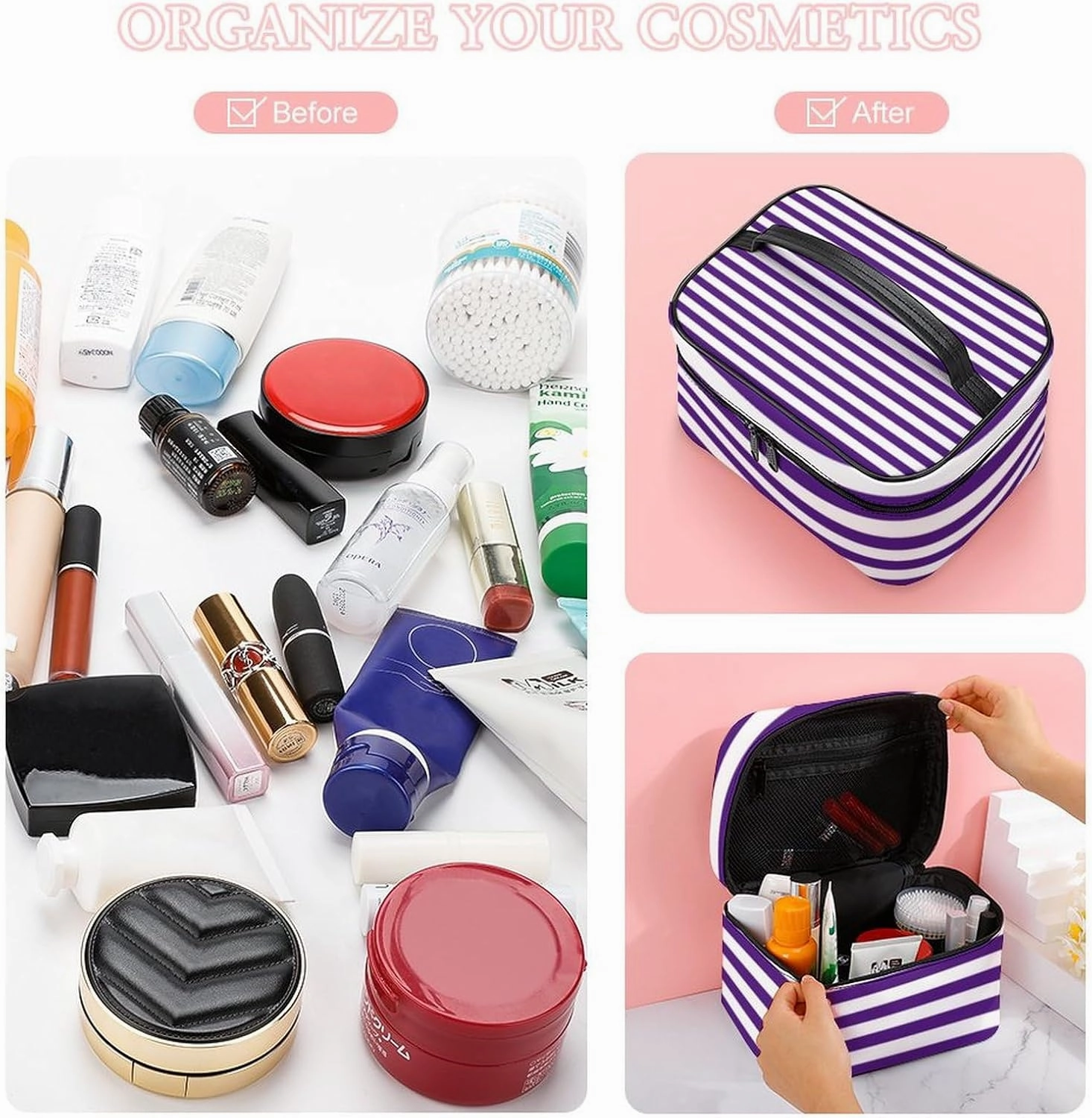 Leather Cosmetic Case, Classic Modern Dark Royal Purple and White Striped Portable Makeup Bag Organizer Large Capacity Travel Toiletry Bag with Zipper