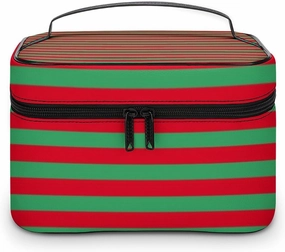 Leather Cosmetic Case, Classic Red and Green Striped Portable Makeup Bag Organizer Large Capacity Travel Toiletry Bag with Zipper
