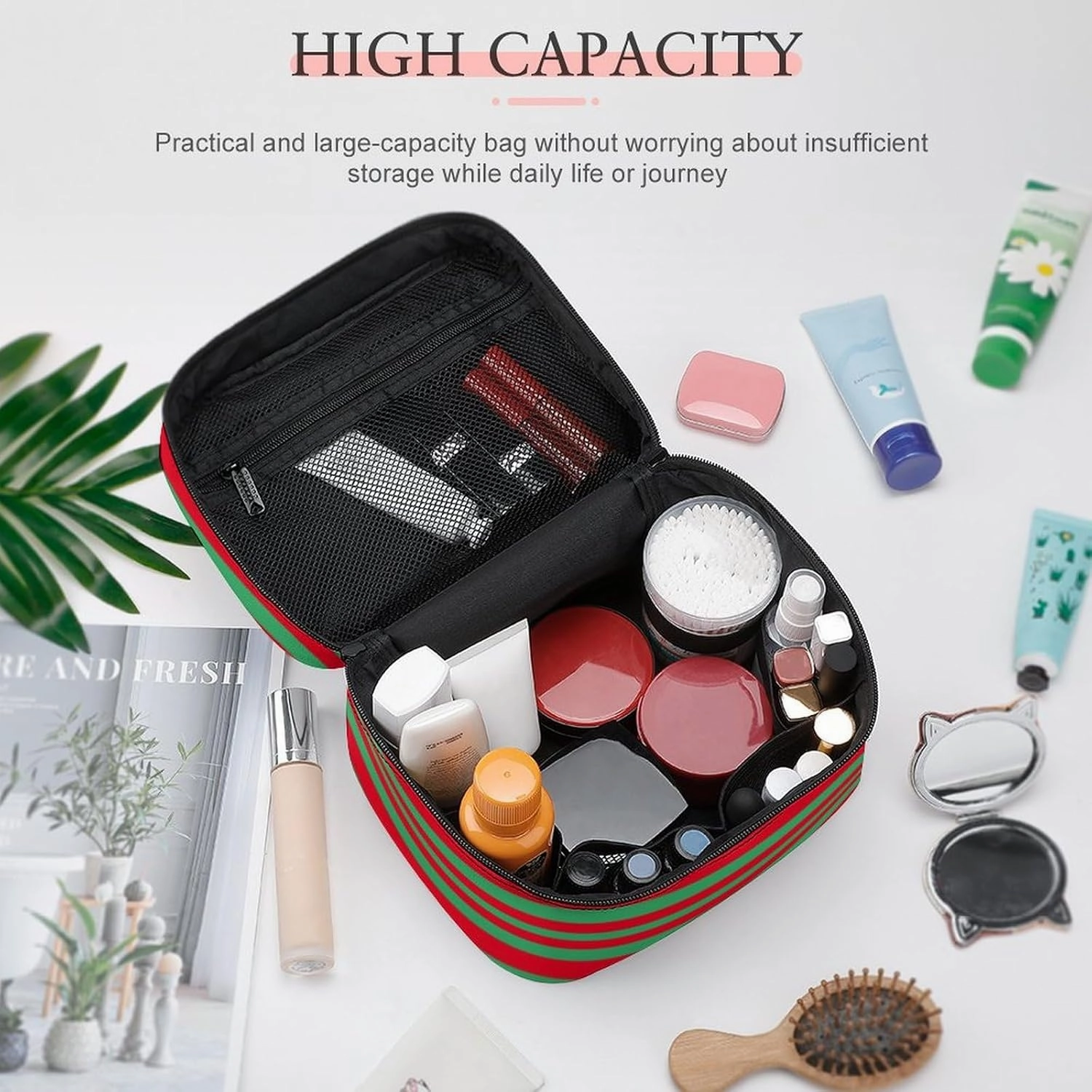 Leather Cosmetic Case, Classic Red and Green Striped Portable Makeup Bag Organizer Large Capacity Travel Toiletry Bag with Zipper