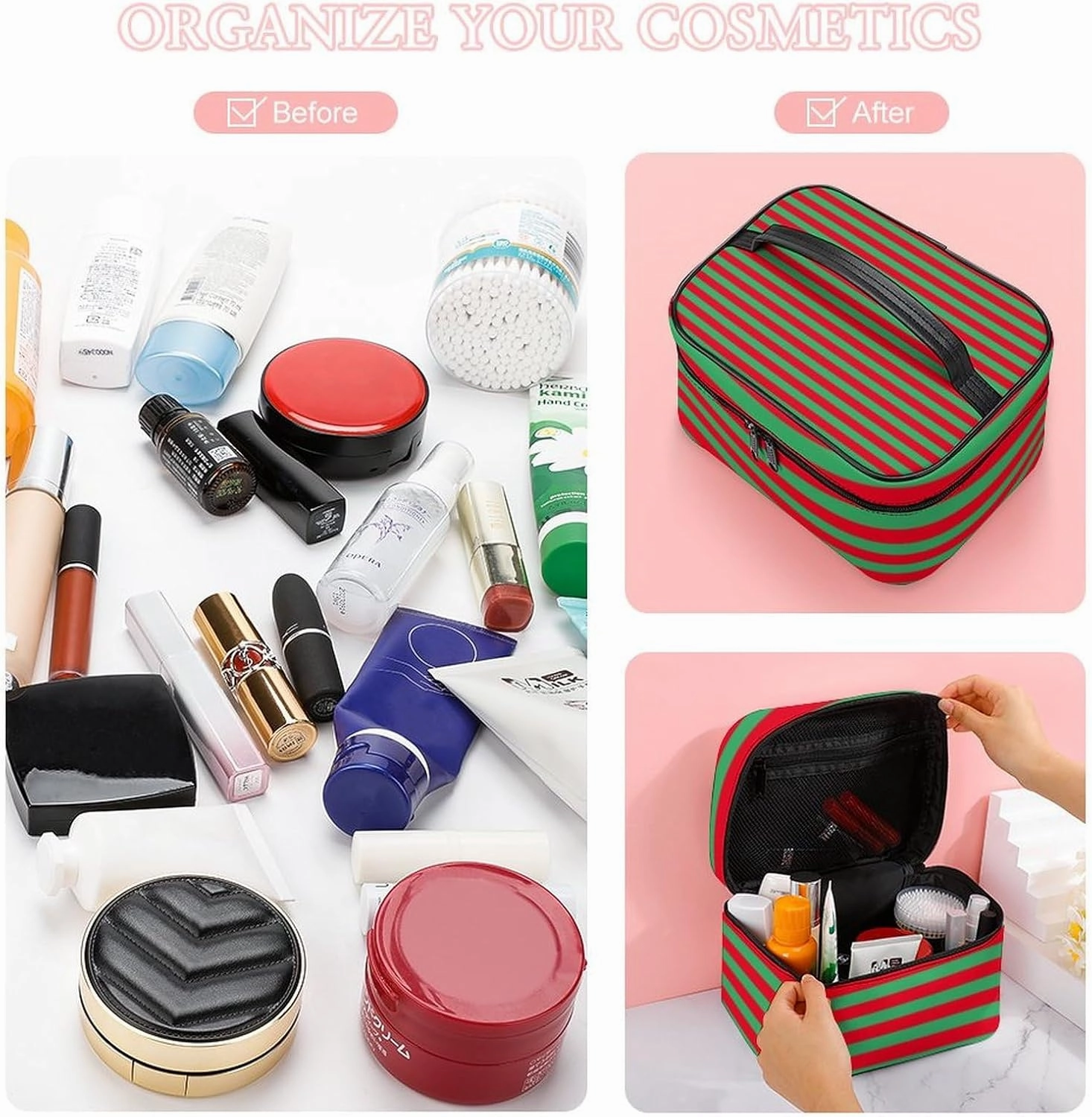 Leather Cosmetic Case, Classic Red and Green Striped Portable Makeup Bag Organizer Large Capacity Travel Toiletry Bag with Zipper
