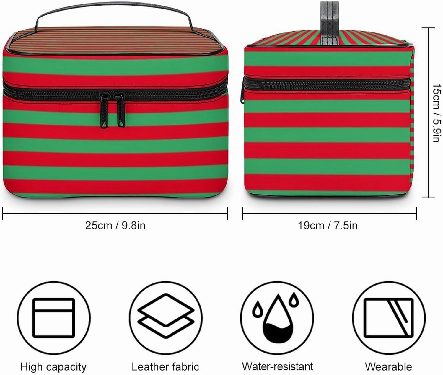 Leather Cosmetic Case, Classic Red and Green Striped Portable Makeup Bag Organizer Large Capacity Travel Toiletry Bag with Zipper