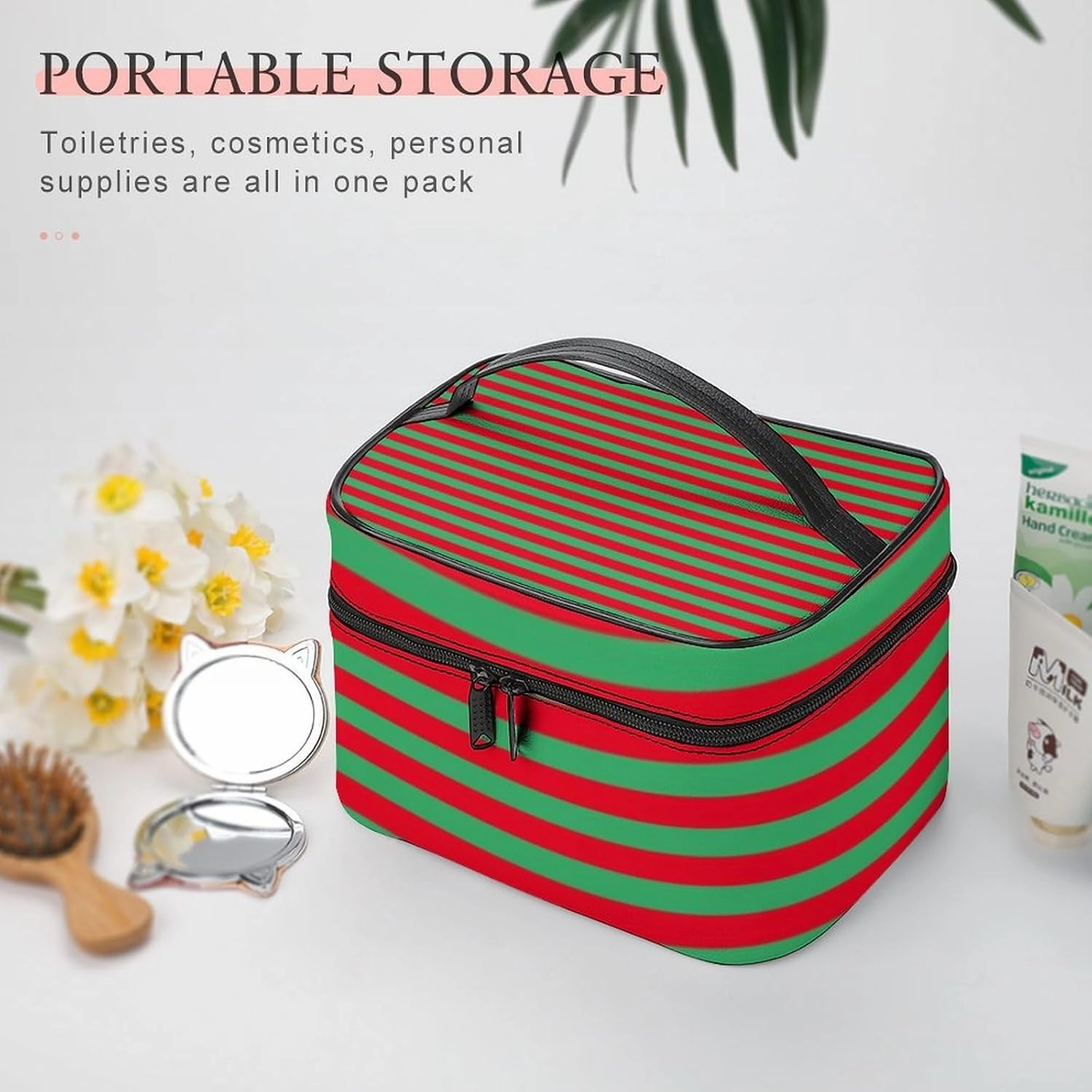 Leather Cosmetic Case, Classic Red and Green Striped Portable Makeup Bag Organizer Large Capacity Travel Toiletry Bag with Zipper