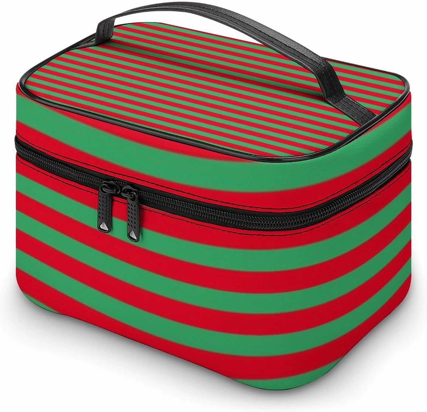 Leather Cosmetic Case, Classic Red and Green Striped Portable Makeup Bag Organizer Large Capacity Travel Toiletry Bag with Zipper