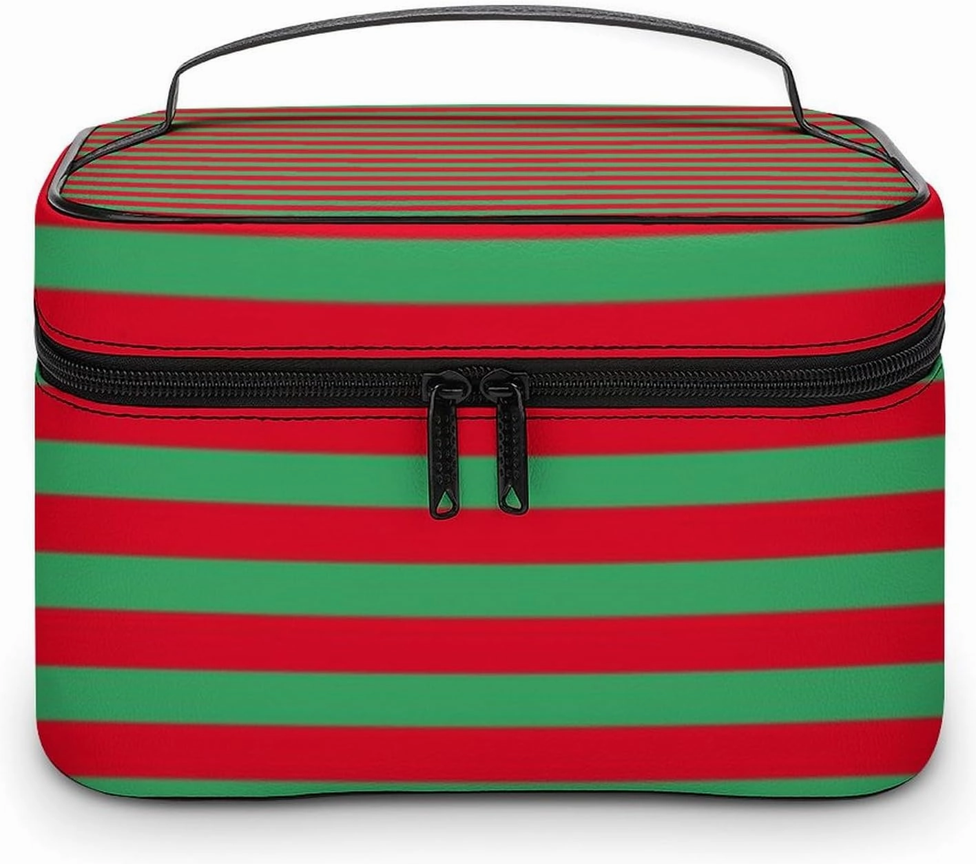 Leather Cosmetic Case, Classic Red and Green Striped Portable Makeup Bag Organizer Large Capacity Travel Toiletry Bag with Zipper