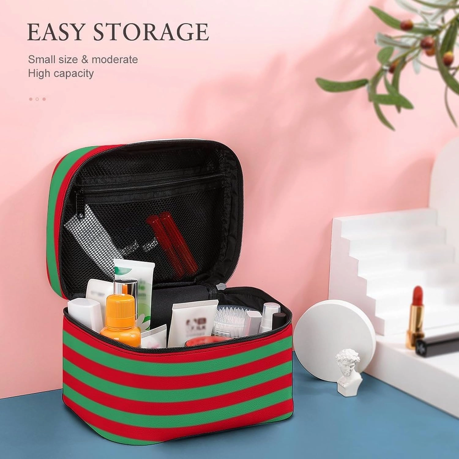 Leather Cosmetic Case, Classic Red and Green Striped Portable Makeup Bag Organizer Large Capacity Travel Toiletry Bag with Zipper