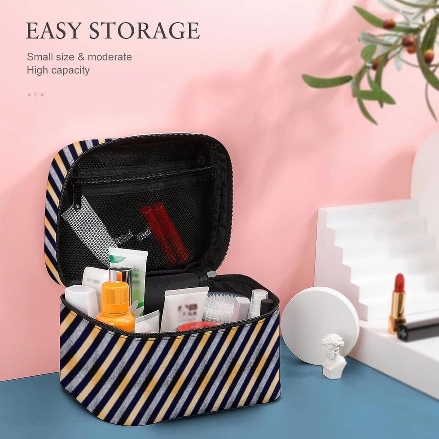 Leather Cosmetic Case, Silver, Glitter Stripe Portable Makeup Bag Organizer Large Capacity Travel Toiletry Bag with Zipper