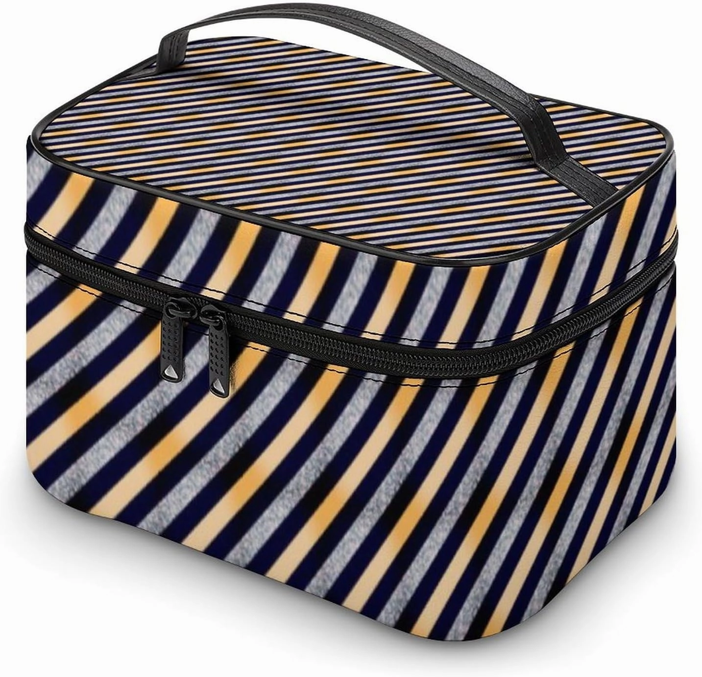 Leather Cosmetic Case, Silver, Glitter Stripe Portable Makeup Bag Organizer Large Capacity Travel Toiletry Bag with Zipper