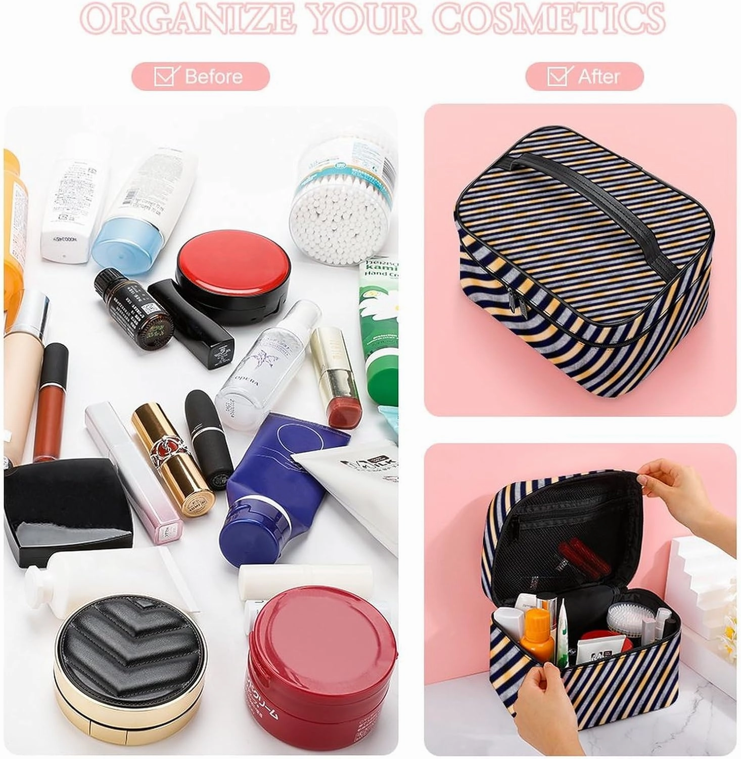 Leather Cosmetic Case, Silver, Glitter Stripe Portable Makeup Bag Organizer Large Capacity Travel Toiletry Bag with Zipper