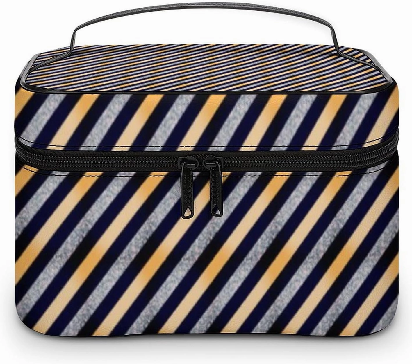 Leather Cosmetic Case, Silver, Glitter Stripe Portable Makeup Bag Organizer Large Capacity Travel Toiletry Bag with Zipper