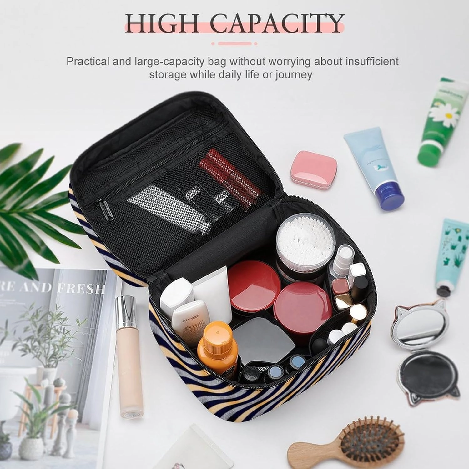 Leather Cosmetic Case, Silver, Glitter Stripe Portable Makeup Bag Organizer Large Capacity Travel Toiletry Bag with Zipper