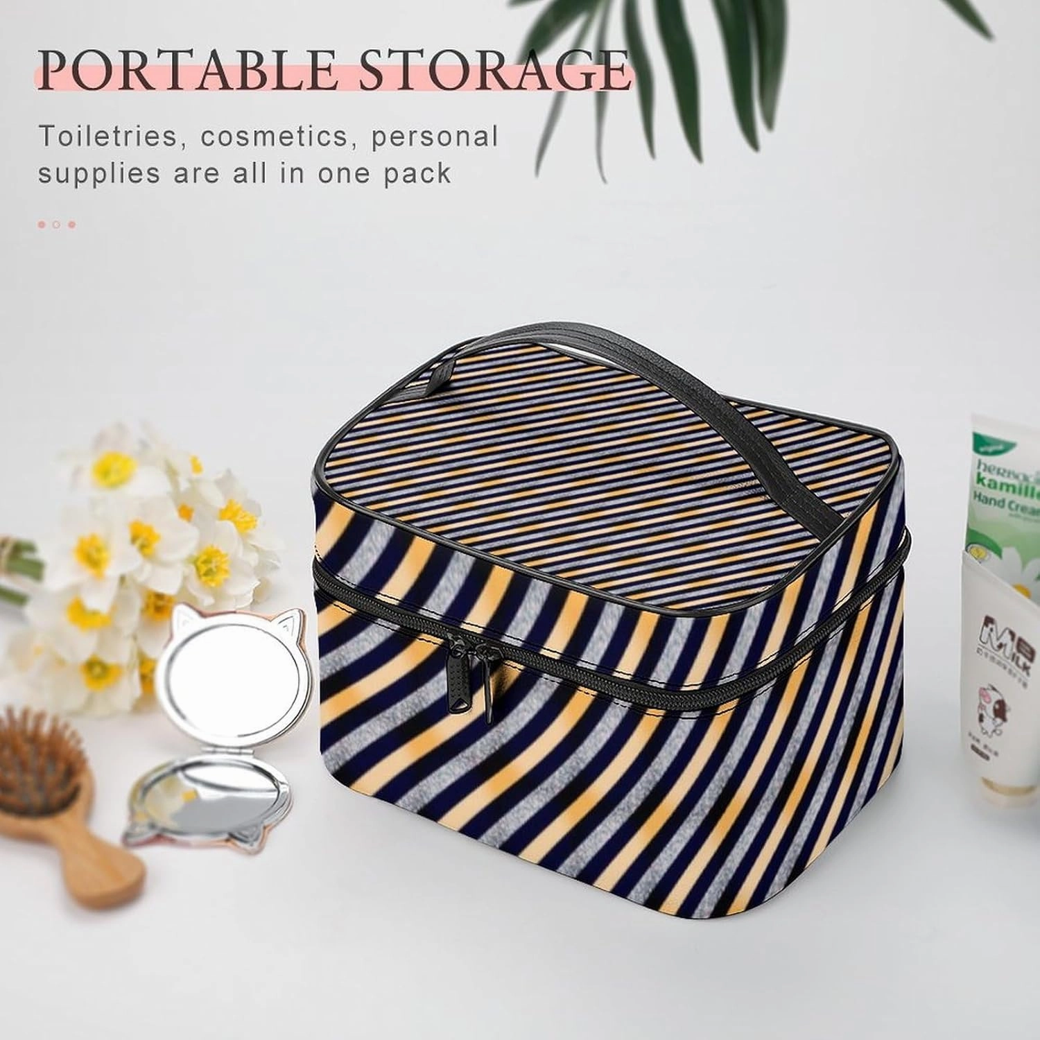 Leather Cosmetic Case, Silver, Glitter Stripe Portable Makeup Bag Organizer Large Capacity Travel Toiletry Bag with Zipper