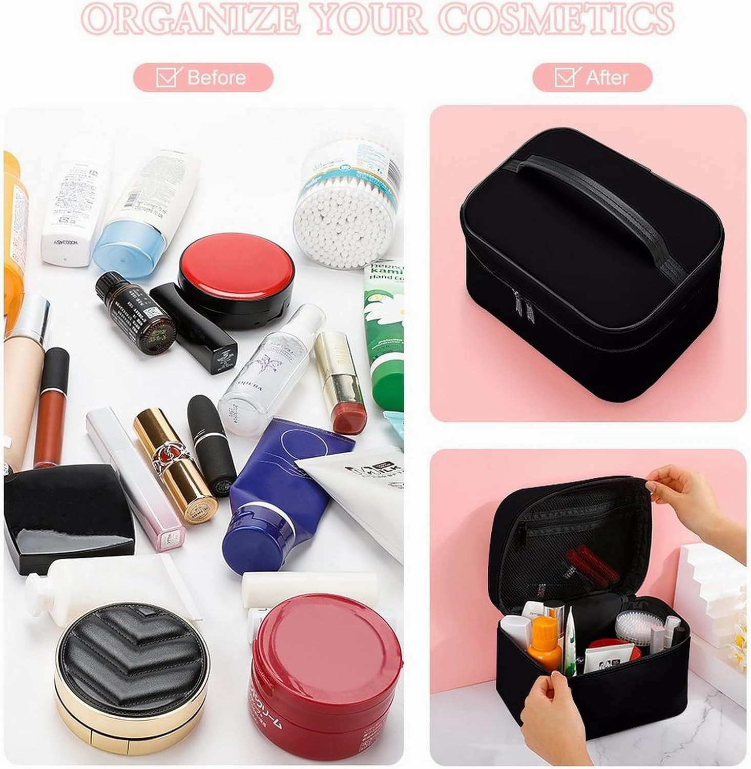 Leather Cosmetic Case, Solid Color Black Portable Makeup Bag Organizer Large Capacity Travel Toiletry Bag with Zipper