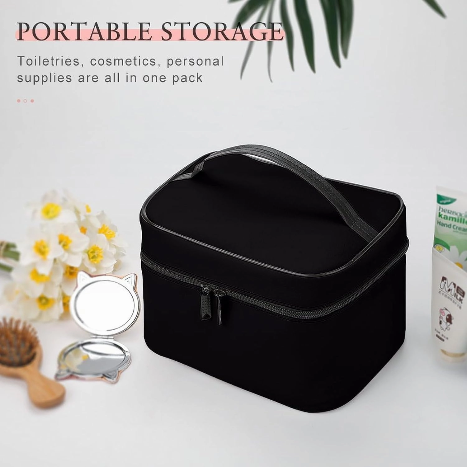 Leather Cosmetic Case, Solid Color Black Portable Makeup Bag Organizer Large Capacity Travel Toiletry Bag with Zipper