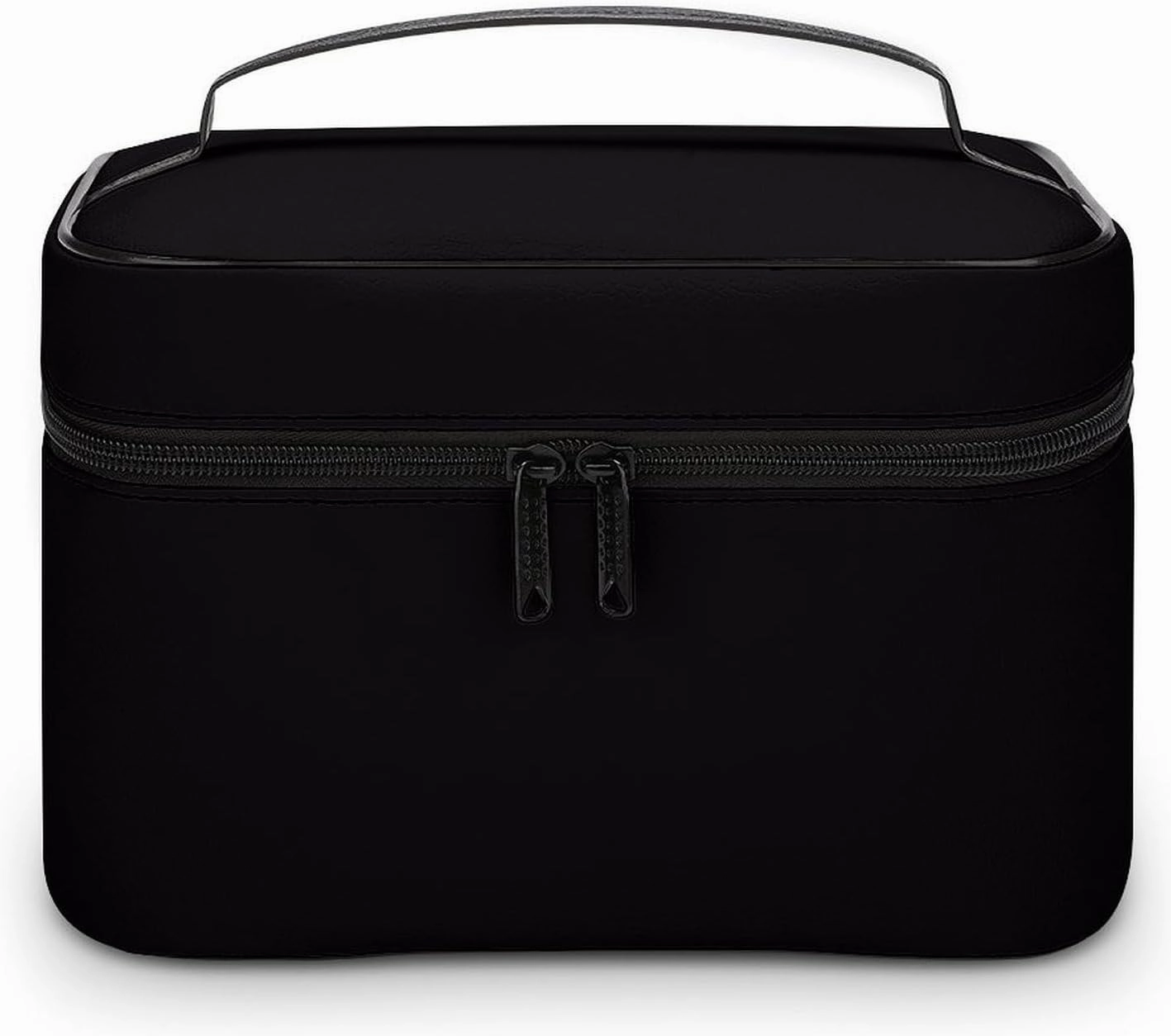 Leather Cosmetic Case, Solid Color Black Portable Makeup Bag Organizer Large Capacity Travel Toiletry Bag with Zipper