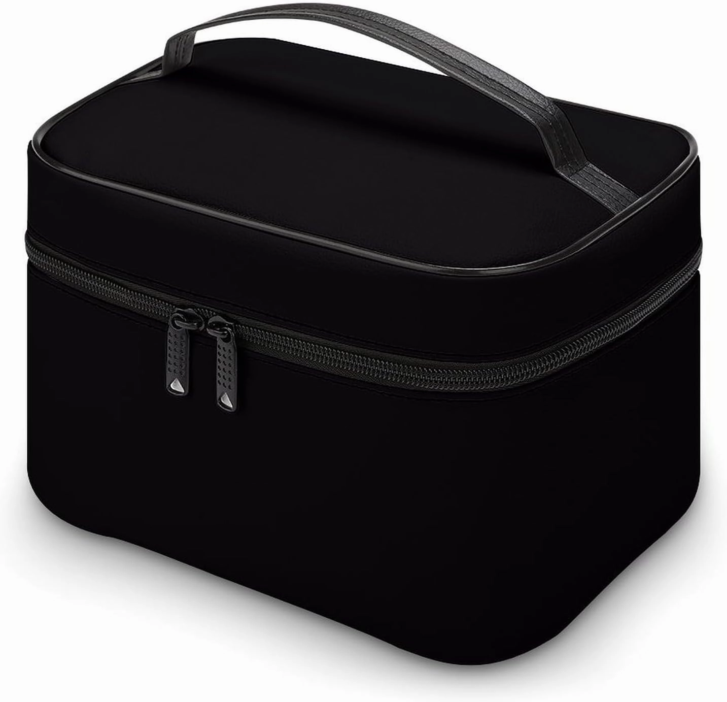 Leather Cosmetic Case, Solid Color Black Portable Makeup Bag Organizer Large Capacity Travel Toiletry Bag with Zipper