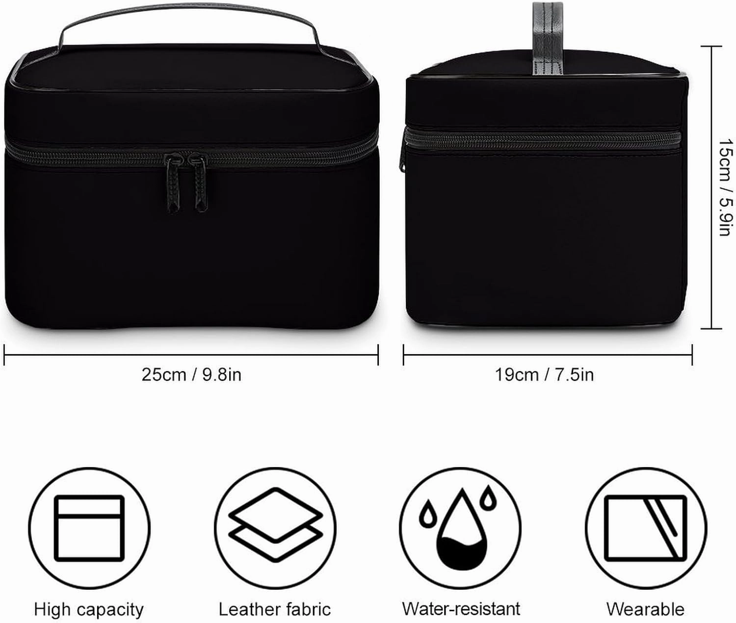 Leather Cosmetic Case, Solid Color Black Portable Makeup Bag Organizer Large Capacity Travel Toiletry Bag with Zipper