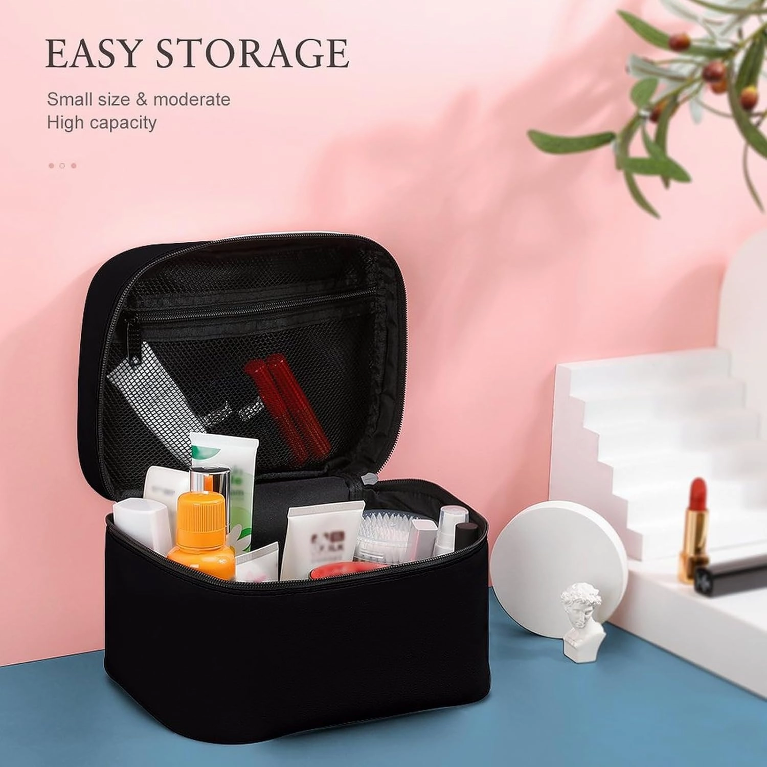Leather Cosmetic Case, Solid Color Black Portable Makeup Bag Organizer Large Capacity Travel Toiletry Bag with Zipper