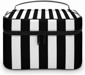Leather Cosmetic Case, Stripe Black White Portable Makeup Bag Organizer Large Capacity Travel Toiletry Bag with Zipper
