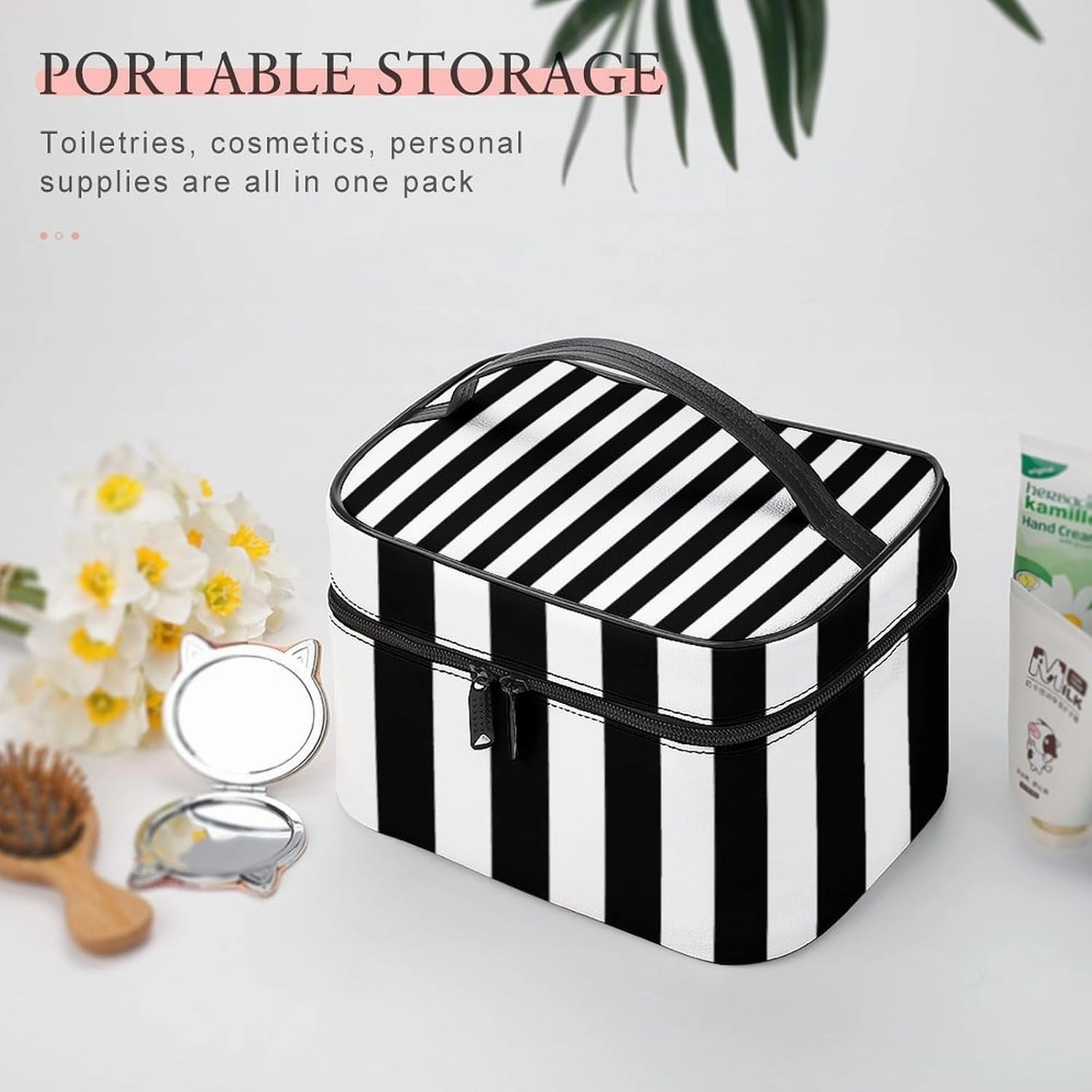 Leather Cosmetic Case, Stripe Black White Portable Makeup Bag Organizer Large Capacity Travel Toiletry Bag with Zipper