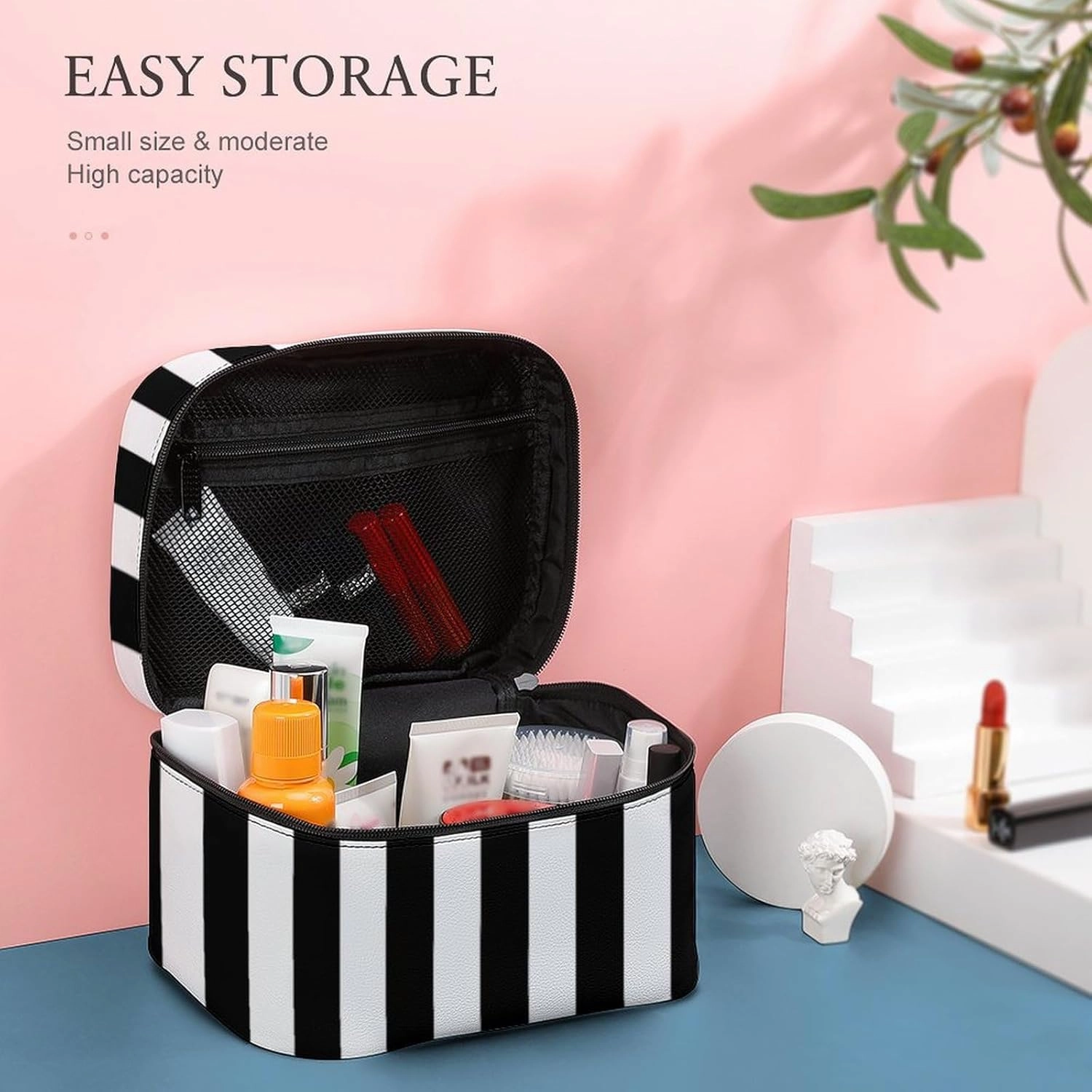 Leather Cosmetic Case, Stripe Black White Portable Makeup Bag Organizer Large Capacity Travel Toiletry Bag with Zipper