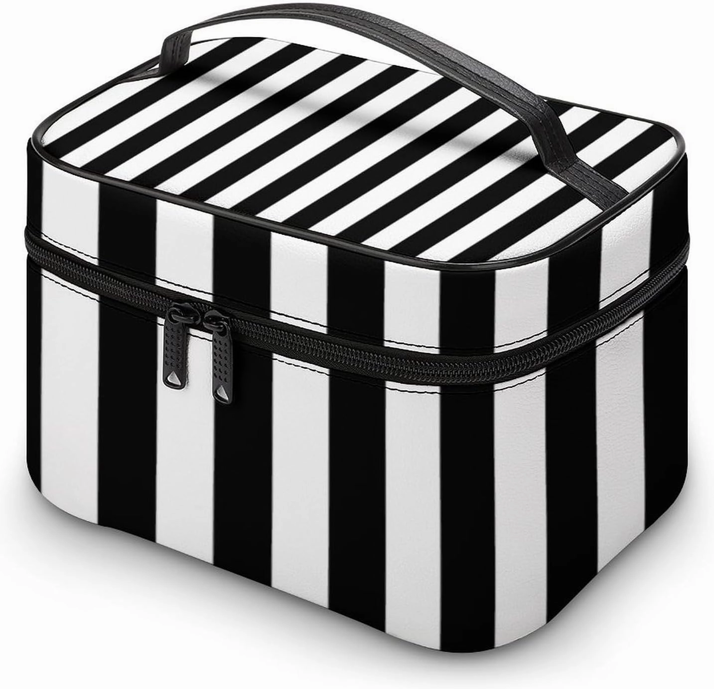 Leather Cosmetic Case, Stripe Black White Portable Makeup Bag Organizer Large Capacity Travel Toiletry Bag with Zipper